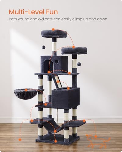 Feandrea Cat Tree, 66.1-Inch Large Cat Tower, Smoky Gray - Image 3