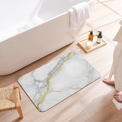 White Grey Marble Bath Mat, Fast Drying Modern Gold Abstract Bathmats - Image 3