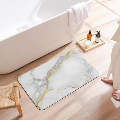 White Grey Marble Bath Mat, Fast Drying Modern Gold Abstract Bathmats - Image 3