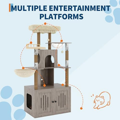 Cat Tree with Litter Box Enclosure, Large Plush Top Perch, Sisal Scratching - Image 6