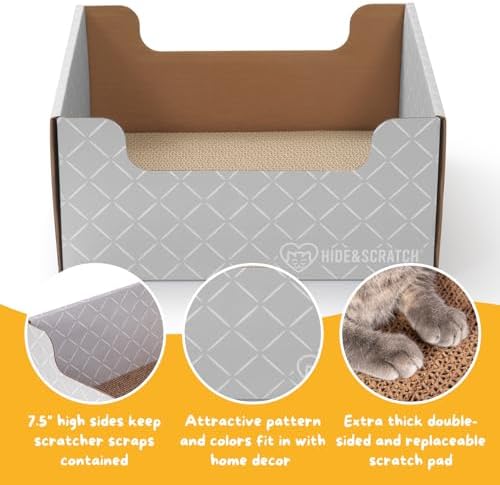 Hide & Scratch Cardboard Cat Scratcher Box & Bed Light Grey Diamond Pad - Image 3