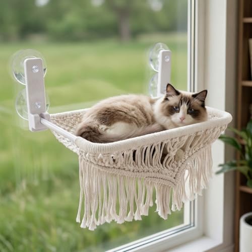 Cat Hammock & Window Perch w/ 4 Suction Cups, Foldable Adjustable Boho Cotton by netsTribe