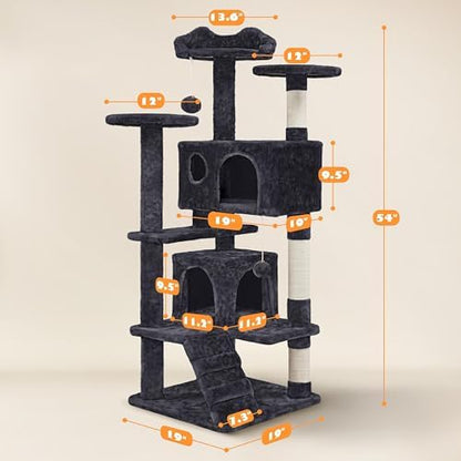 Yaheetech 54in Cat Tree Tower, 2 Caves, Kitten-Ear Perch & Scratching Posts - Image 6