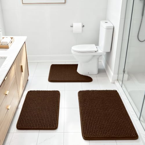 Ophanie Brown Bathroom Rugs Sets 3 Piece, Soft Chenille Bath Mat, Non Slip by Ophanie