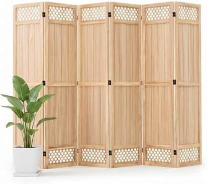 Wood Room Divider Privacy Screen, Natrual Carved Room Divider 6 Panel 67" by Shinkael