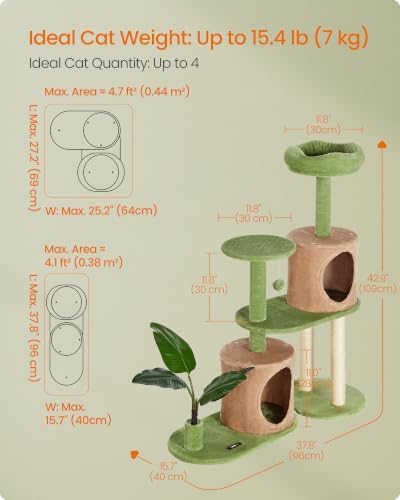 Feandrea Cat Tree, 42.9-Inch Multi-Level Plush Cat Tower, Artificial Leaves - Image 6