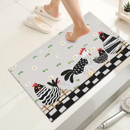 Giwawa Black Rooster Bath Rug Buffalo Plaid Bathtub Mat Absorbent Machine - Image 2