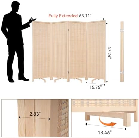 Bamboo Room Divider 4 Panel 47" H, 360°Rotating Feet Privacy Screen - Image 2