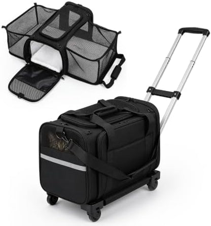 Rolling Pet Carrier with Wheels & Pull Bar, Foldable Cat Carrier by Unknown