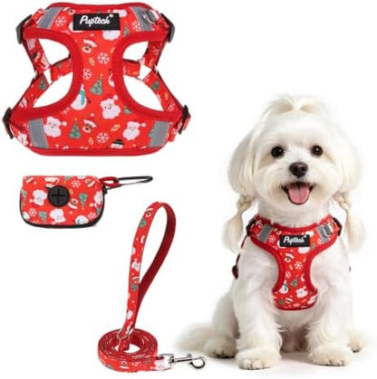 PUPTECK Christmas Dog Harness and Leash Set Small Sized, Step in No Pull by PUPTECK