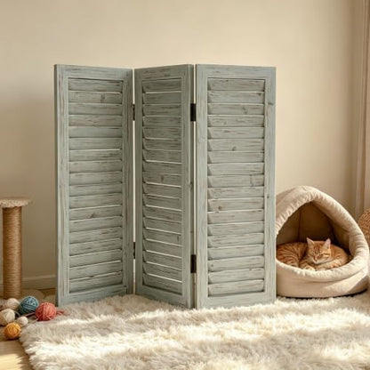35" T Room Divider Screen, Rustic Wooden 3 Panel Louvered Privacy Divider - Image 5