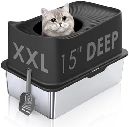 Top Entry Cat Litter Box with Lid, Stainless Steel Extra Large Enclosed Cats by Kettnjoy