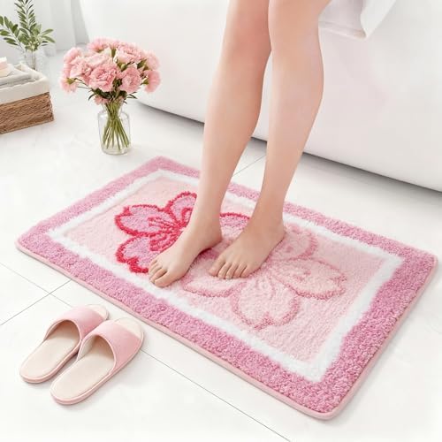 Boao Pink Cherry Bathroom Rug Tufted Non Slip Bath Mat 24 x 16 Inches - Image 3