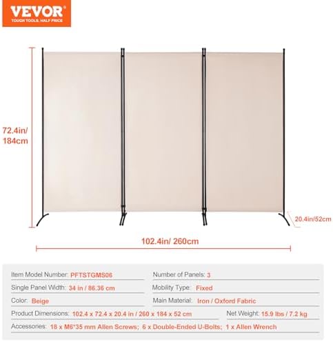 VEVOR Room Divider, 3 Panel Room Divider, Folding Privacy Screen and Portable - Image 7
