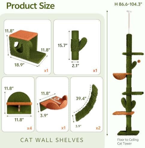 Cactus Floor to Ceiling Cat Tower, 10-in-1 Cat Wall Shelves - Image 2