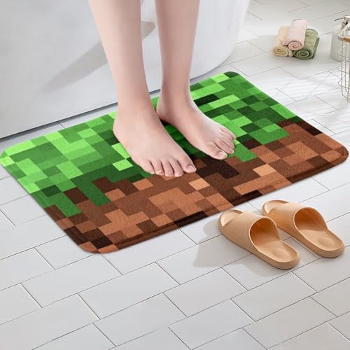 Manfei Pixel Games Bath Mat, Pixel Grid Grass Block Pattern Kids Mats Rugs - Image 4