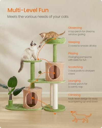 Feandrea Cat Tree, 42.9-Inch Multi-Level Plush Cat Tower, Artificial Leaves - Image 4