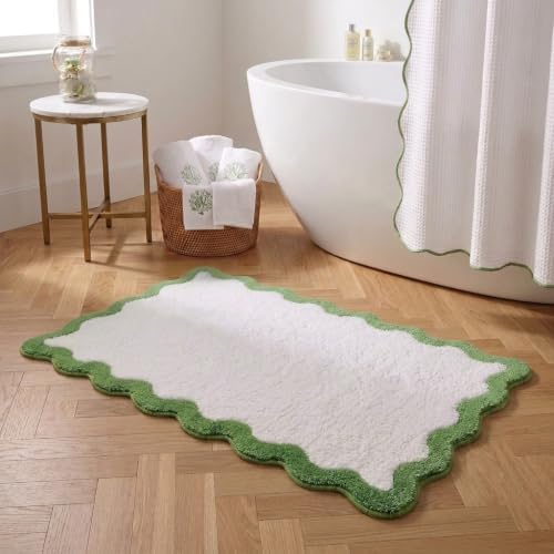 Cute Green Scalloped Bathroom Mat, Fun Plush Luxury Microfiber Bath Rug by Casasphere