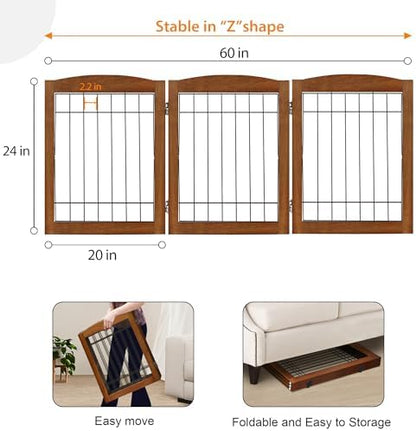 LZRS 3-Panel Freestanding Foldable Wooden Dog Gate –Solid Wood & Steel Wire - Image 5