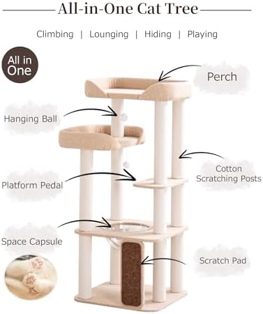 53" Cat Tree Tower for Large Cats, Large Perch & Sisal Board - Image 3
