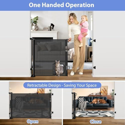Retractable Baby Gates with Cat Door 80" Wide Retractable Dog Gate with Pet - Image 4