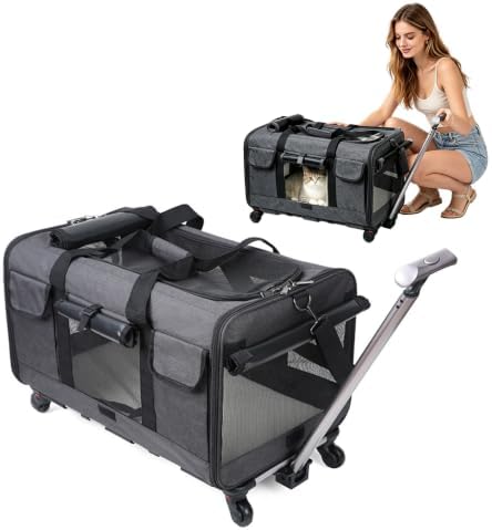 PETCUTE Cat Dog Carrier with Wheels, Airline Approved Rolling Pet Carrier with by PETCUTE