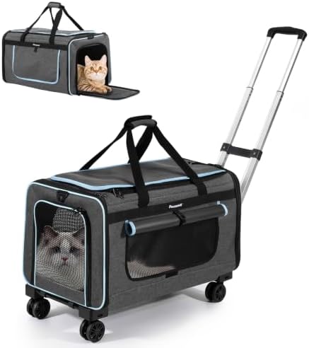 Large Pet Carrier with Wheels, Foldable Rolling Cat Carrier with Telescopic by Bestregerd