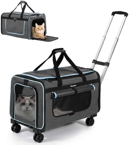 Large Pet Carrier with Wheels, Foldable Rolling Cat Carrier with Telescopic by Bestregerd