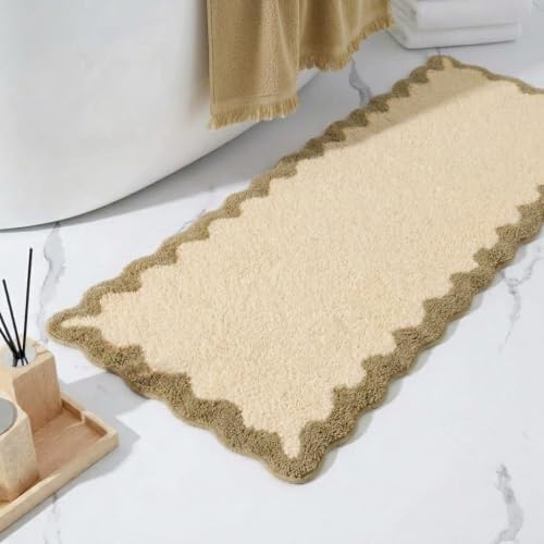 Farmhouse Decor Cute khaki Scalloped Bathroom Mat, Fun Plush Luxury Microfiber by Casasphere