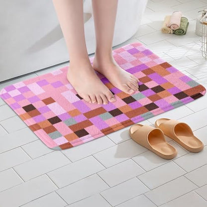 Pixel Grid Theme Bathroom Rugs Video Gaming Blocks Decor Shaggy Absorbent Floor - Image 2