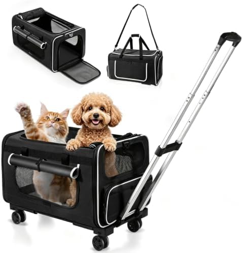 Large Pet Carrier with Detachable Wheels, 2 IN1 Foldable Soft-Sided Carriers- by Wheelive