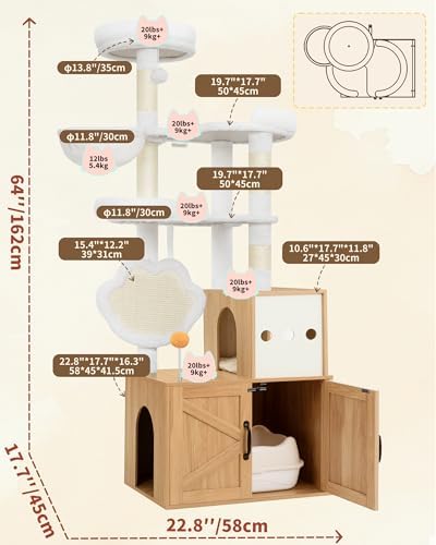 Heybly Cat Tree with Litter Box Enclosure, Modern 64" Hidden Tower HCT105BT - Image 5