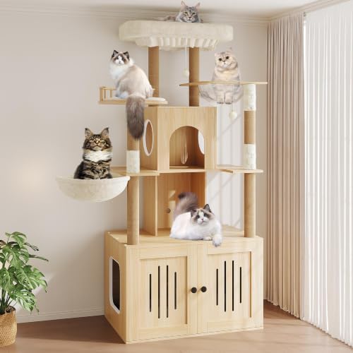 Cat Tree with Litter Box Enclosure, Large Plush Top Perch, Sisal Scratching by Garvee
