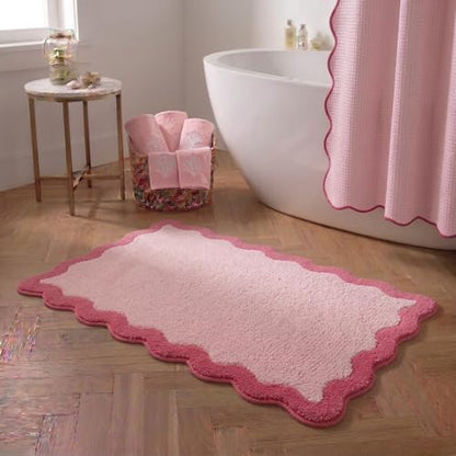 Cute Magenta‌ Pink Scalloped Bathroom Mat, Fun Plush Luxury Microfiber Bath Rug by Casasphere