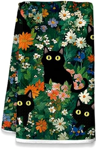 Black Cat Kitchen Towels, Vintage Cats Flower Spring Decor by Unknown