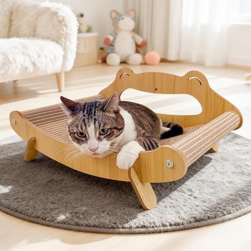 Sisal Cat Scratcher Bed with Hammock, Solid Wood Frame Cat Scratch Pad & Lounger by PetZenGarden