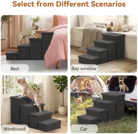 Zerbuger Dog Stairs with Storage, Dark Grey 4 Steps Dog Ramp no Condo - Image 3