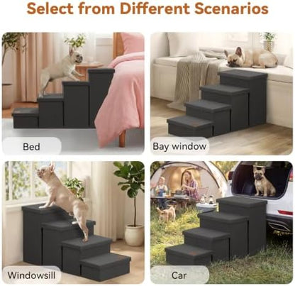 Zerbuger Dog Stairs with Storage, Dark Grey 4 Steps Dog Ramp no Condo - Image 3