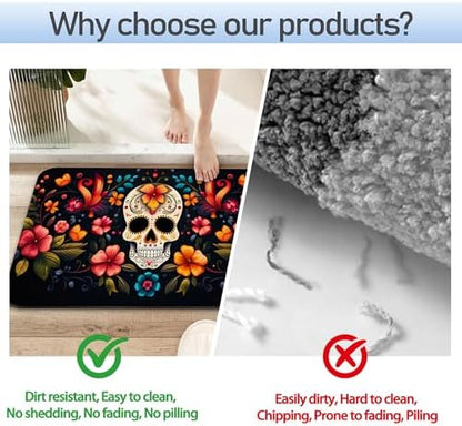 Skull Flowers Bathroom Mat, Non-Slip Rubber Backing Thin Low-Profile Bath Rug - Image 4