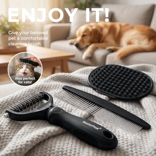 3-in-1 Pet Grooming Kit Rake Metal Comb & Bath Brush Black - Image 7