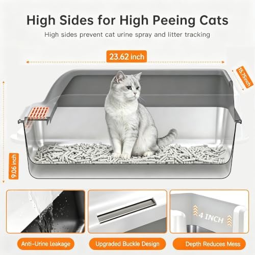High-Sided XL Stainless Steel Cat Litter Box, Includes Scoop - Image 3