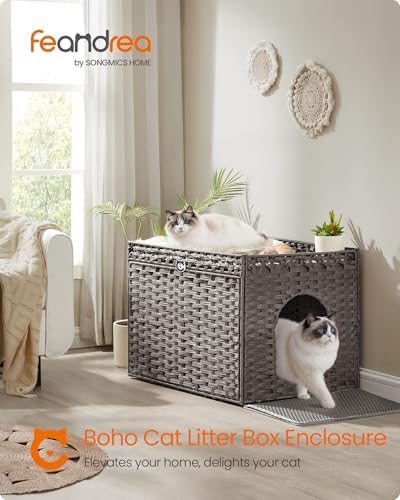 Feandrea Cat Litter Box Enclosure, Handwoven Rattan End Table, Extra Mat - Image 2