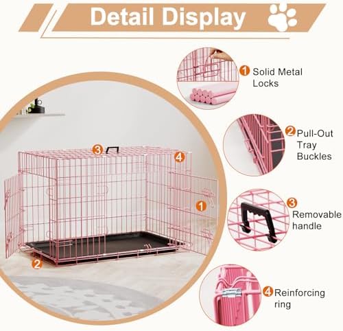 FDW | 36" Foldable Metal Dog Crate | Pink | Cage - Image 3