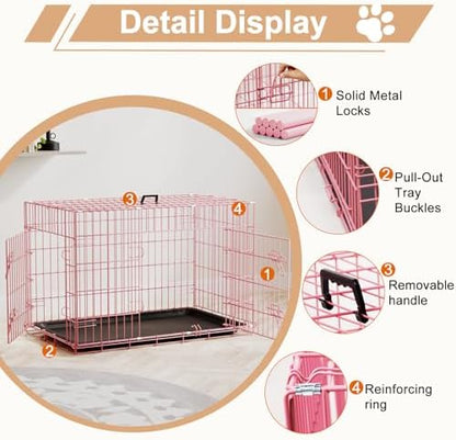 FDW | 36" Foldable Metal Dog Crate | Pink | Cage - Image 3