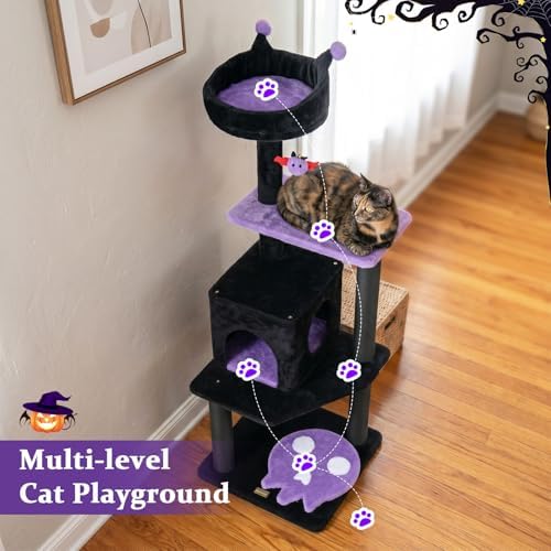 PETSITE 57-inch Gothic Cat Tree, Bat-Shaped Dangling Ball, Comfy Condo - Image 4