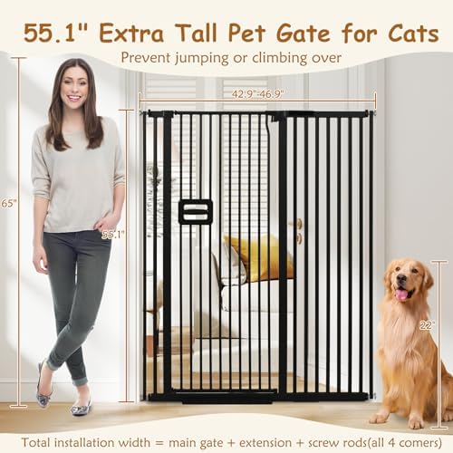 55'' Extra Tall Cat Gate, 42.9"-46.9" Wide Auto Close Tall Pet Gate - Image 2