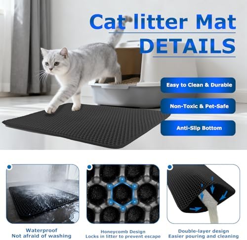 Cat Litter Box Mat, Double-Layer Honeycomb Litter Trap 47"x28" Black - Image 2