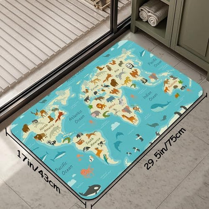 World Map with Animals AST Drying Absorbent Bathroom Mat, Non-Slip Rubber - Image 2