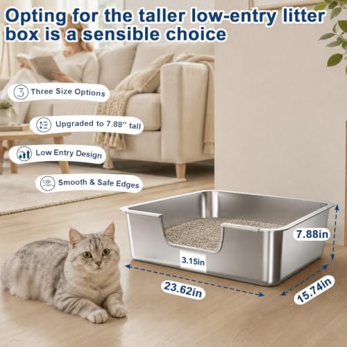 7.9'' High-Sided Low Entry Stainless Steel Cat Litter Box - Image 2