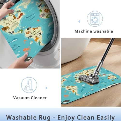 World Map with Animals AST Drying Absorbent Bathroom Mat, Non-Slip Rubber - Image 5
